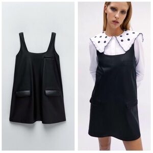 ZARA FAUX LEATHER PINAFORE DRESS Black Large